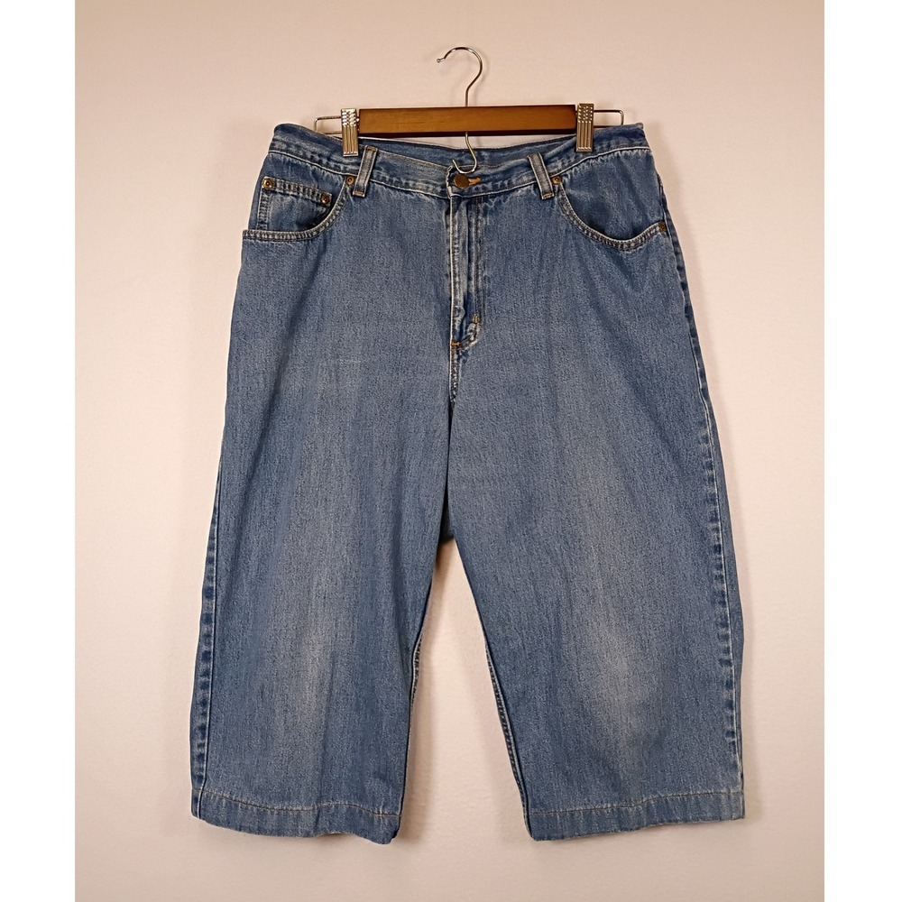 Gorpcore L.L.Bean Women 14 Blue Denim High Rise Elastic Back Long Bermuda Shorts